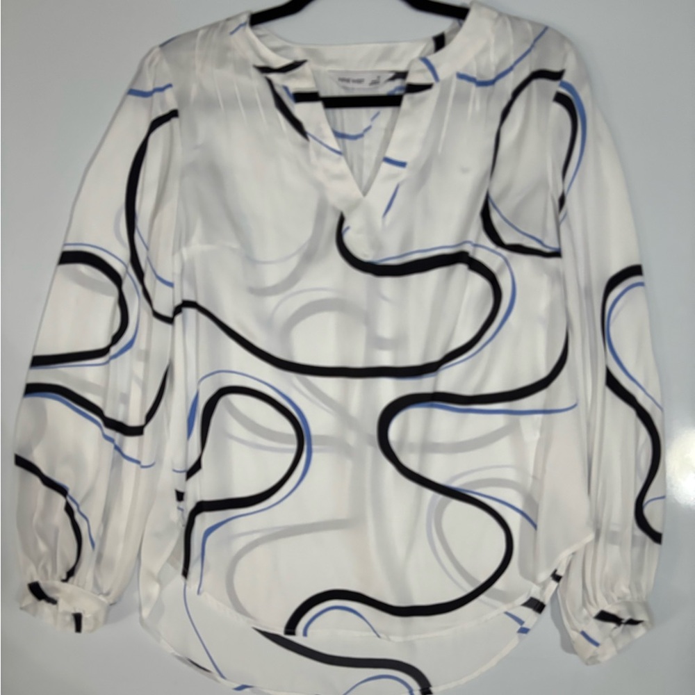 Nine West White Blouse with Black and Blue Accents